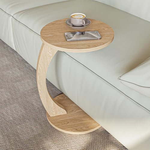 sugodesign Beistelltisch mit Rollen, Kleiner Couchtisch C Form, stylischer Sofatisch in schöner Natur Eiche-Optik, runder Tisch als Ablagefläche für Couch und Sofa, Beistelltisch Couch
