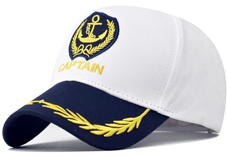 FUIPVGI Kapitän Hut Matrosen Baseball Cap Kostüm Zubehör Yacht Hut mit Gold Stickerei Anker Skippers Cap Marine Admiral Party Verstellbar für Fasching Club Pub Party (Weiß), weiß