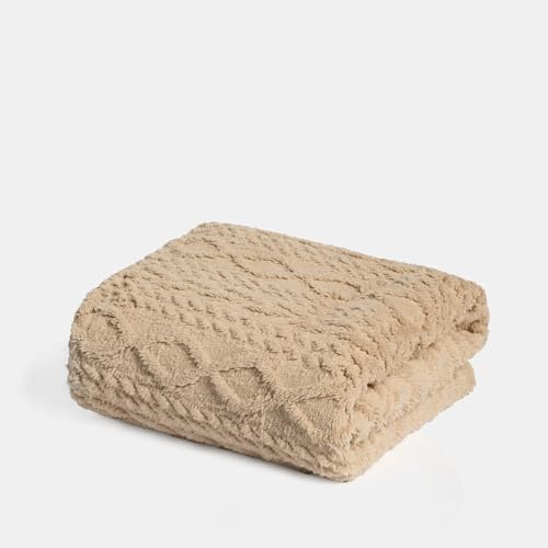 OHS Sherpa Fleece Throw Blanket for Sofa, Ultra Soft Warm Cable Knit Design Fleece Blanket for Bed Lightweight Fluffy Reversible Double Bed Throw, Natural - 130 x 160cm