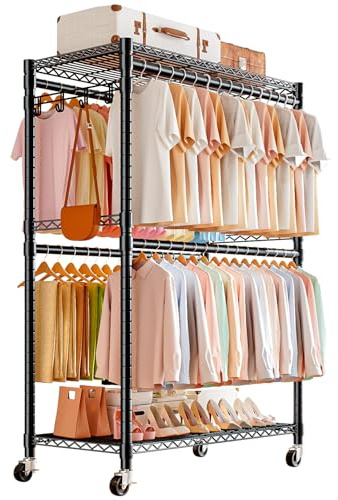 FTEYUET Kleiderständer auf Rollen, Doppel-Kleiderständer, 114x52x204cm | Schwerlast Kleiderständer mit 4 Kleiderstangen und 2 Ablage, Verstellbarer Offener Kleiderschrank, Kleiderstange aus Metall