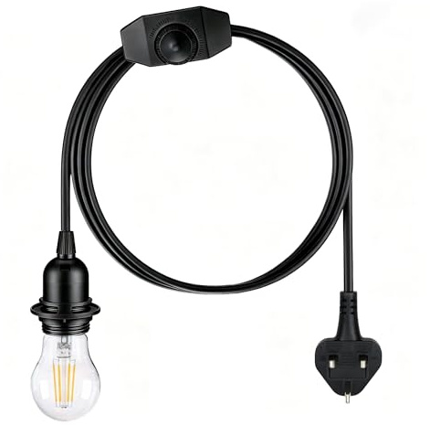 Bravsekai Pendant Light Fitting Kit with Dimmer Switch, 2M Hanging Lamp Cord Set Plug in, E27 Edison Bulb Socket for Light Fixture and Lampshades, A Bulb Included, Black