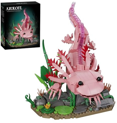 Axolotl Bausteine Bausatz für Erwachsene, Rosa Axolotl Modell mit Sockel | Meeres Tier Bausatz mit Beweglichen Gelenken, STEM-Lernspielzeug, Dekoration für das Homeoffice, Geschenk für Naturliebhaber
