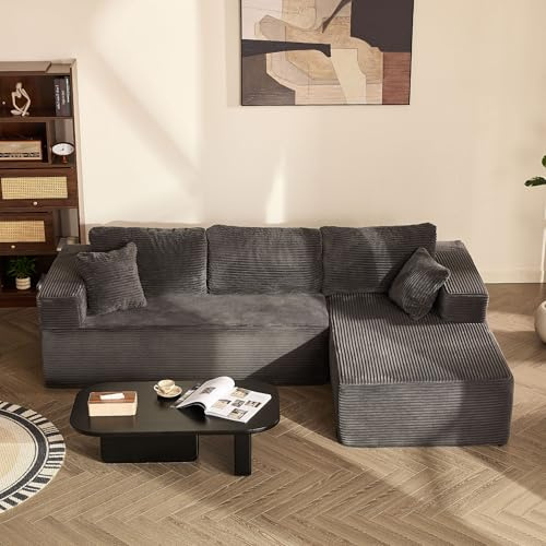 Litbird 272 cm Modulares Ecksofa mit L-Form und Schlaffunktion, vollgepolstertes Sofa mit Memory-Schaum und Cordstoff, Schlafsofa für Wohnzimmer (Grau, Recamiere rechts (Facing))