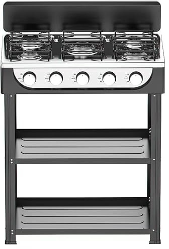 Piano cottura a Gas GPL 5 Fuochi da Esterno Cucinotto Portatile in Acciaio con 5 Bruciatori Potenti Piano Cottura con Paravento e Piedini per Attività all'Aperto Campeggio