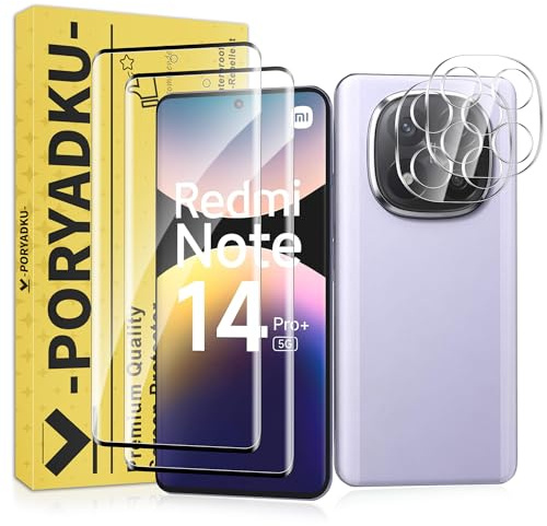 Protector de Pantalla para Xiaomi Redmi Note 14 Pro Plus / 14 Pro+ 5G, Película de Vidrio Templado 2 Piezas+ Protector de Lente de Cámara 2 Piezas, HD Clara, Sin Burbujas, 9H Dureza, Antihuellas