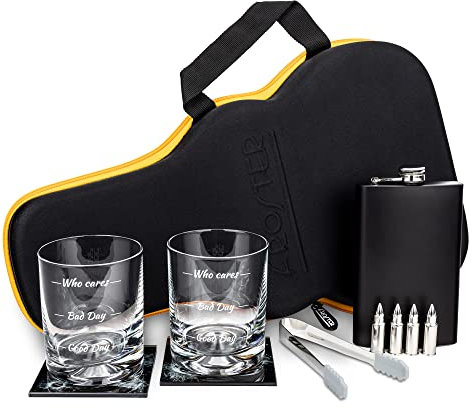 Froster Guitar Whisky Set – Who Cares, Whiskey Glasses set of 2, Hip Flask, 4 Whiskey Stones, 2 Glass Coasters, Tongs, Whiskey Gift Set for Men