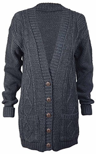 New Womens Everyday Long Sleeve Button Top Ladies Chunky Aran Cable Knit Grandad Cardigan Dark Grey Size 16