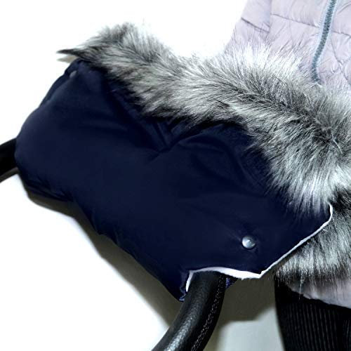 Baby-Joy Kinderwagen Muff mit Kunstfell, Wetterfester Handwärmer mit Fleece & Wattierung, Luxus Handschutz für Kinderwagen & Buggy | Farbe: 2505 Dunkelblau-Creme