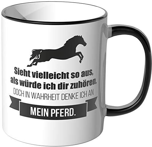 JUNIWORDS Tasse - Ich denke an Pferd - Wähle Motiv & Farbe - Schwarz
