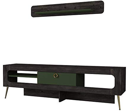 Alphamoebel 5118 Milandra Wohnwand modern Anbauwand TV Lowboard Mediawand, Rebab Dunkelgrün, Holz, offene und verdeckte Ablagefächer, Hängeregal, mit Tür, Metallfüße, viel Stauraum, 180 x 55 x 31.5 cm