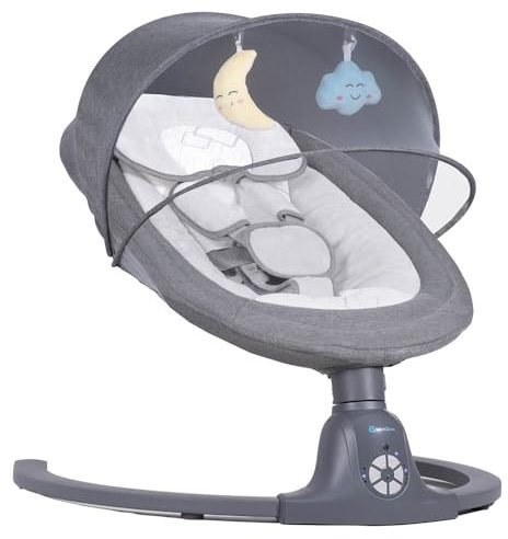 BEBE2LUXE AVA – Elektrische Babyschaukel/Babywippe, 5 Schaukelgeschwindigkeiten, Bluetooth, Musik, Timer, Fernbedienung, 5‑Punkt‑Gurt, bis 9 kg (beige) (grey)