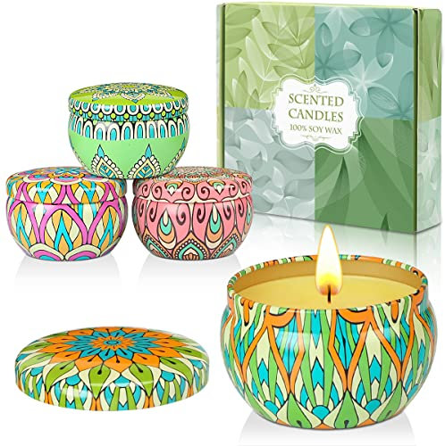 Pomarks Duftkerzen Geschenkset, 4 Dosen aus 100% natürlichem Sojawachs mit ätherischen Ölen zur Stresslinderung, 4 Düfte für Aromatherapie, Bad, Yoga.