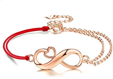 J.Endéar Infinity Armband Damen Herz Unendlichkeit Liebe Silber 925 filigrane Kordel Doppelkette Schmuck Valentinstag Geburtstagsgeschenk mit Schmuckschatulle (Roségold, Rote Kordel)