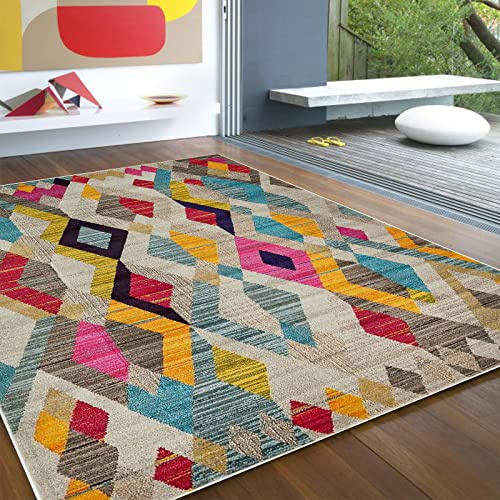 Rururug Teppich Quadratisch Wohnzimmer Kurzflor mit Antirutschmatte Schlafzimmer Waschbar Teppiche Anti-Rutsch Unterseite Sofa,Teppich bunt geometrisch,Square 120 x 120 cm
