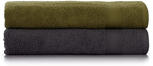 Tuiste Juego de 2 Toallas de Baño Gris Antracita - Verde Caqui (70x140), Súper Suave y Altamente Absorbente, Lujosas 100% algodón, Toallas de baño o Ducha, Tacto Suave