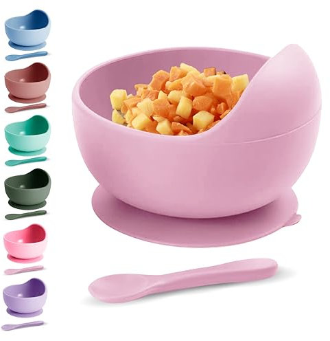 Xabono Bols pour bébé avec ventouse et cuillère en silicone sans BPA faciles à laver Rose