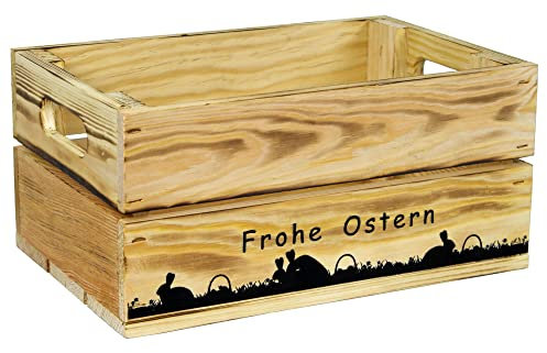 HW HOLZKISTEN-WELT Holzkiste Natur Geflammt mit Aufdruck Frohe Ostern Paarungszeit - Osterkiste Geschenkverpackung Präsentkorb Geschenk