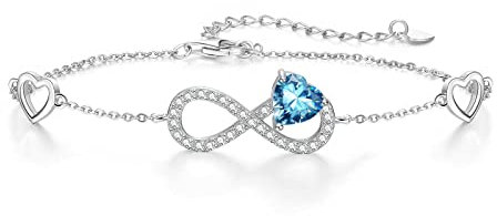 Qings Infinity Unendlichkeit Herz Armband Damen 925 Sterling Silber März Aquamarin Geburtsstein Armbänder Verstellbar Blau Edelstein Armreif, Armkette Schmuck Geburtstagsgeschenk für Frauen Mädchen
