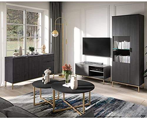 Wohnzimmer Set mit Sideboard, Couchtischen, Vitrine und TV Lowboard in Esche schwarz Nb. mit LED Beleuchtung, Industrial Design mit Metall-Fußgestell und Metallgriffen, Softclose