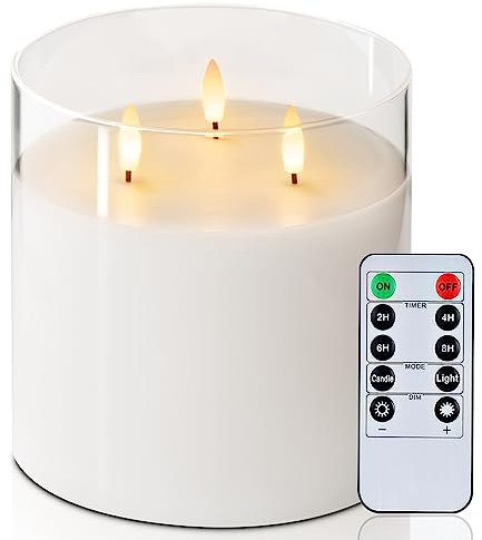 Homemory 6X6'' Extra Large Flameless Candle with 3 Wicks, Glass LED Pillar Candle, Real Wax Battery Operated Candle with Remote Control and Timer, Pure White
