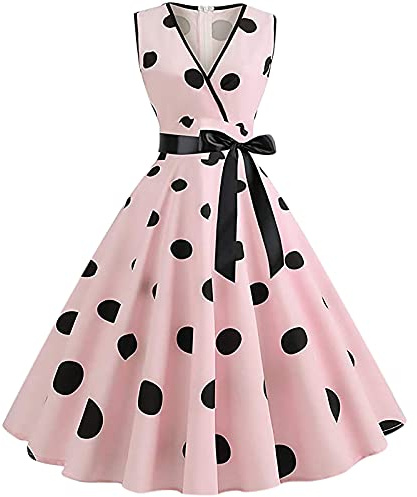 Women Dresses, Ladies 1950s Vintage Polka Dots Dress Spaghetti Strap Midi Retro Swing Princess Tea Party A-line Dress Audrey Hepburn 50's 60's Evening Party Dance Gown with Belt Pink, XL