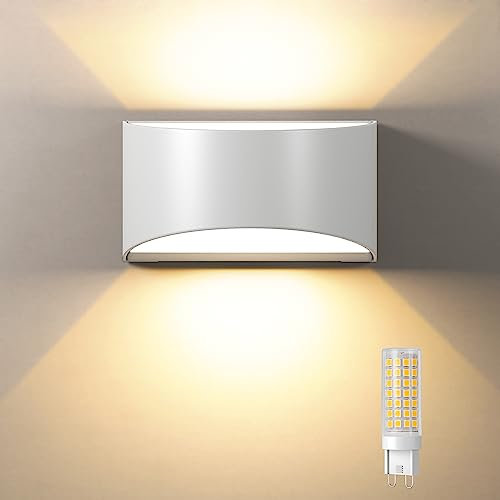 Tyreses Applique Murale Interieur/Exterieur, 3000K Blanc Chaud Ampoules LED G9 Remplaçable, Appliques Murale Exterieur IP65, Blanc Style Moderne pour Salle de Bain, Salon, Chambre, Couloir