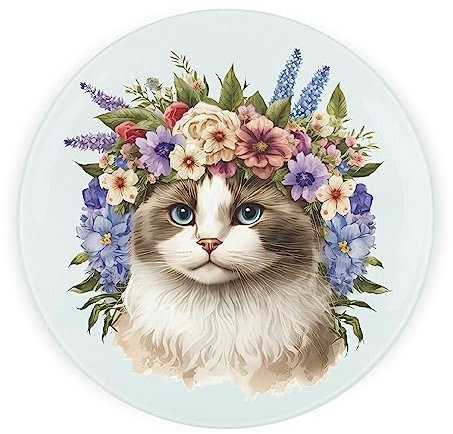 Cat Round Glass Worktop Saver - Pretty Kitten Flower Crown - Textured Kitchen Chopping/Cutting Board Worktop Protector with Non-Slip Feet 30cm x 30cm (12 x 12)