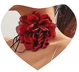 Atentuyi Boho Große Rote Rose Choker Kette Floral Choker Rote Blume Choker Party Prom Handgelenk Blume Korsage Lange Wickeln Schwarzem Samt Halskette Bogen Schwarzer Spitze Choker Schmuck Für Frauen