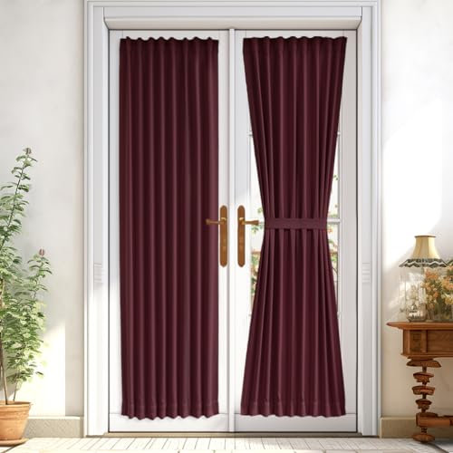 Vatge Thermal Insulated Blackout Front Door Curtains - Self Adhesive Door Blind Panel for French/Patio Door, 1 Panel, W25 x L72, Burgundy
