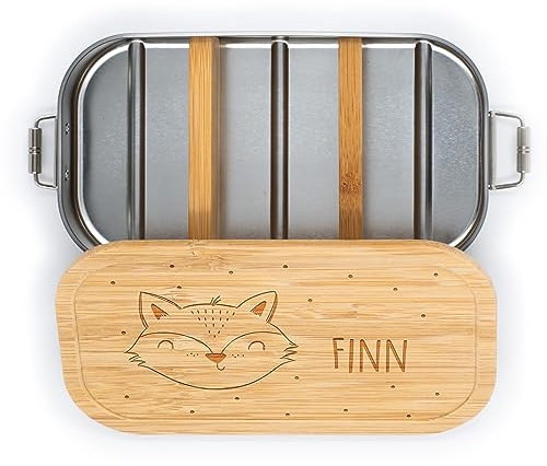 Kidsmood- Personalisierte brotdose mit Bambusdeckel, Individuelle Edelstahl lunchbox für kinder mit Wunschnamen, Ideal für Schule und Kindergarten, personalisierte Geschenke Kinder