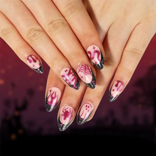 24 PCS French Short Fake Nails Pink with Black Fake Nails Flame False Nails Spider False Nails Snake Design Fake Nails Full Cover False Nails Art for Women and Girls Daily Decoration