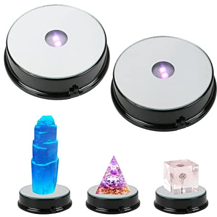 Runde bunte LED-Lichtbasis für Kristalle, Glaskunstfigur, Merchandise, beleuchtete 7-farbwechselnde Lichtlampe, 3 AAA-Batterien betrieben (Schwarz, 2 Stück)