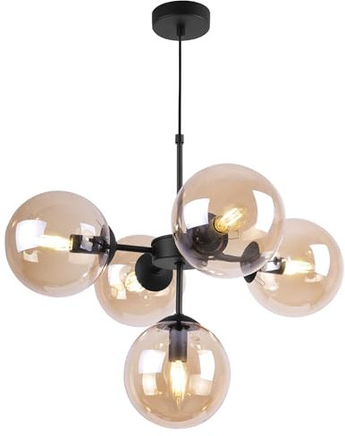 Light-Home Imperia Hängelampe - Deckenlampe für Wohnzimmer Schlafzimmer und Esszimmer- Pendelleuchte aus Metall und Glas - E14-5-Flammig - Schwarz Basis und Gold