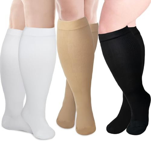 LEOSTEP 2XL-5XL Plus Size Kompressionssocken in Übergröße für Männer und Frauen, breite Waden (3 Paar), Durchblutung und Erholung, Steigerung der Ausdauer, Wandern, Reisesocken 20–30 mmHg