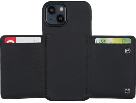HANS/SON Leder-Falt Handyhülle | iPhone 15 | Echtleder | 6,12 Zoll | Aufklappbar | Stoßfest | 2 in 1 Hülle | Kreditkartenetui | Kabelloses Laden | Schwarz