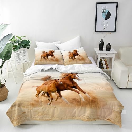 ANHOPE Horse Duvet Cover Set Soft Comforter Cover with Animal Mare Pony Running Print Pattern 3 Piece Bedding Set with Pillowcase All Season Decorative Quilt Cover with Zipper for Kids Adults Double