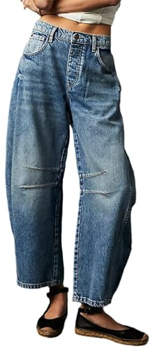 Vaqueros de Pierna Ancha Barrel para Mujer Holgados de Cintura Media Recortados Globo Pantalones de Mezclilla Vintage Boyfriend Y2K Holgados Streetwear Jeans, XS
