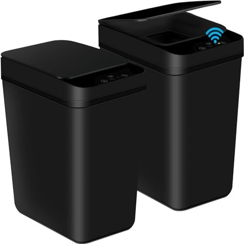2Pack Automatic Bathroom Trash Can, 3.1Gallon Touchless Motion Sensor Small Garbage Can with Lid Smart Electric Narrow Waterproof Garbage Bin for Bedroom Office Kitchen (Black)