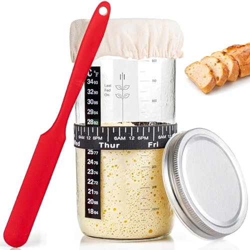 PITCH + PULSE Sourdough Starter Jar Kit, 1000ML/35Oz Sourdough Bread Baking Container with Date Marked Feeding Band, Thermometer, Silicone Scraper, Cloth Cover & Metal Lid for Family Use