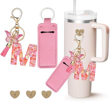 PAZLOG Letter Charm Accessories for Stanley Cup with Mini Hooks & Lipstick Chapstick Holder & Tassel Butterfly Cute Initial Name Id Keychain Compatible with Stanley Tumbler 40oz for Women Girls, M…