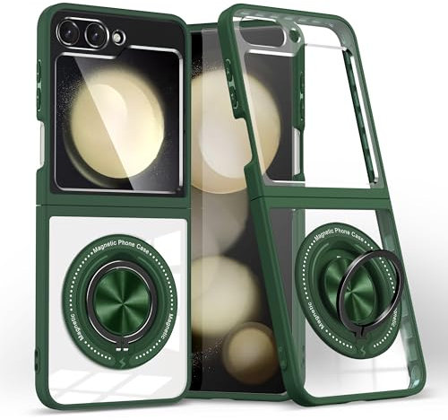 Phone Case for Samsung Galaxy Z Flip 6 Magnetic Case with 360°Ring Kickstand, Z Flip 6 Case Compatible with Mag Safe Wireless Charging Full Body Galaxy Z Flip 6 Protective Cover Case (Green)
