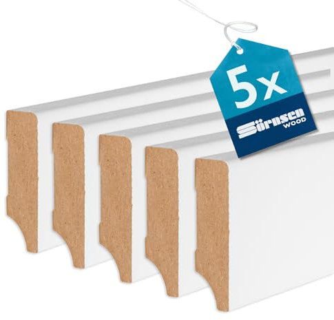 Sörnsen Wood Sockelleiste MDF – 5x Hochwertige wasserbeständige Fussleisten mit eckigem Weimarer Profil – in weiß RAL 9016 lackiert und damit extra langlebig – 16x58x2440 mm