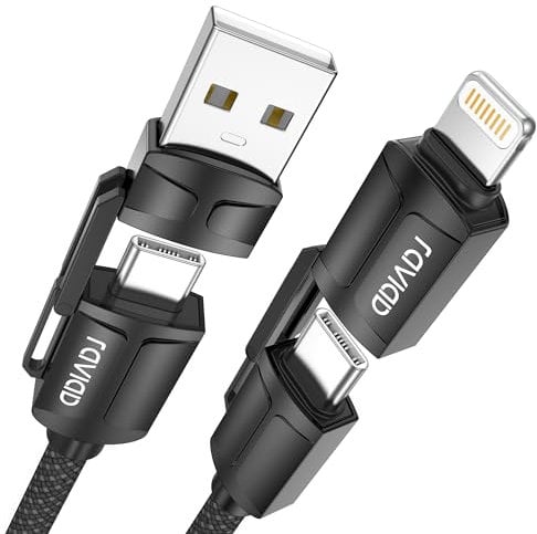 RAVIAD Multi Charger Cable 2M, 4 in 1 3A USB Fast Charging Cord 60W PD Multi Charging Cable USB C/USB A to Lightning, USB C/USB A to USB C for iPhone 16/15, Android Galaxy S24/S23, LG - Black