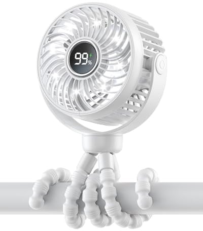 Bearwind - Mini ventilador portátil para cochecito, ventilador con clip recargable para cochecito, pantalla digital y luz nocturna, 4 velocidades, trípode flexible de 360° de enfriamiento para