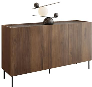 Mirjan24 Kommode Tewos K144, Türkommode, Aufbewahrungsschrank, Mehrzweckschrank für Wohnzimmer, Esszimmer, Schlafzimmerkommode (Nuss Warmia + Marmor Schwarz)