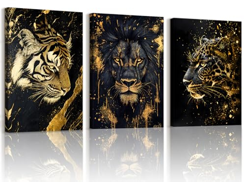 WENGTIAO 3 Stück Tiger Löwe Leopard Kopf Leinwand Bilder Kunstdrucke Gerahmtes Bild Wildtiere Gemälde auf Leinwand für Moderne Wohnzimmer Schlafzimmer Wanddeko 40x60cmx3