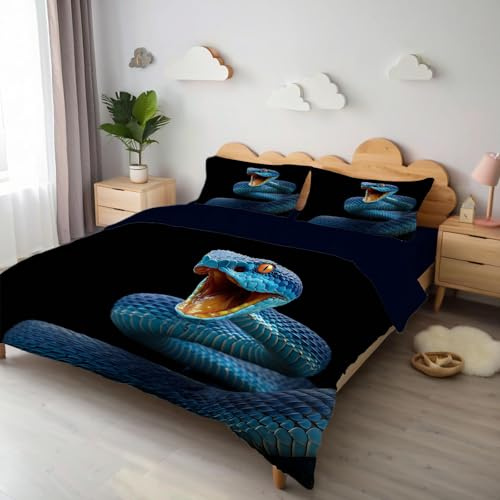 Schwarz Bettbezug Set 2 Teilig, 135x200cm Motiv Blaue Schlange Am Ganzen Körper -3D-Muster Bettbezug, Tierfotografie Reißverschluss Bettwäsche-Set, Weiche Wende Bettwäsche mit 1 *80x80cm Kissenbezüge
