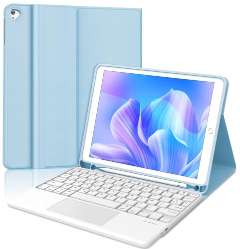 Coque Clavier pour iPad 6e/5e Génération 9.7 Pouces, AZERTY Français Housse Clavier Bluetooth Détachable avec Pavé Tactile et Porte Crayon pour iPad 2018/2017 9.7, Air 2/1, Pro 9.7 2016, Bleu Ciel