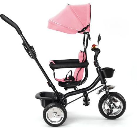 Homewell Tricycle Bébé Évolutif avec Panier de Rangement, Barre de Poussée et Rétroviseur, Trike Bebe, Velo Poussette Enfant, Capote Pliante, Siège pivotant à 360°, 9 Mois à 3 Ans (Rose)