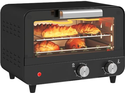 HOMCOM Small Toaster Oven, 12L Multifunction Mini Countertop Oven, Black | Glass Door, Adjustable Temperature, Timer, Wire Rack & Baking Tray, 750W